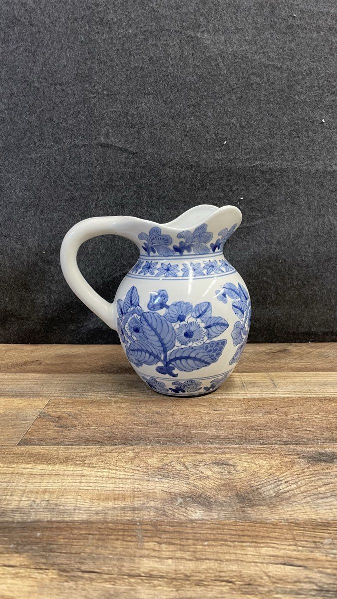 Vintage Style Blue and White Floral Ceramic Pitcher