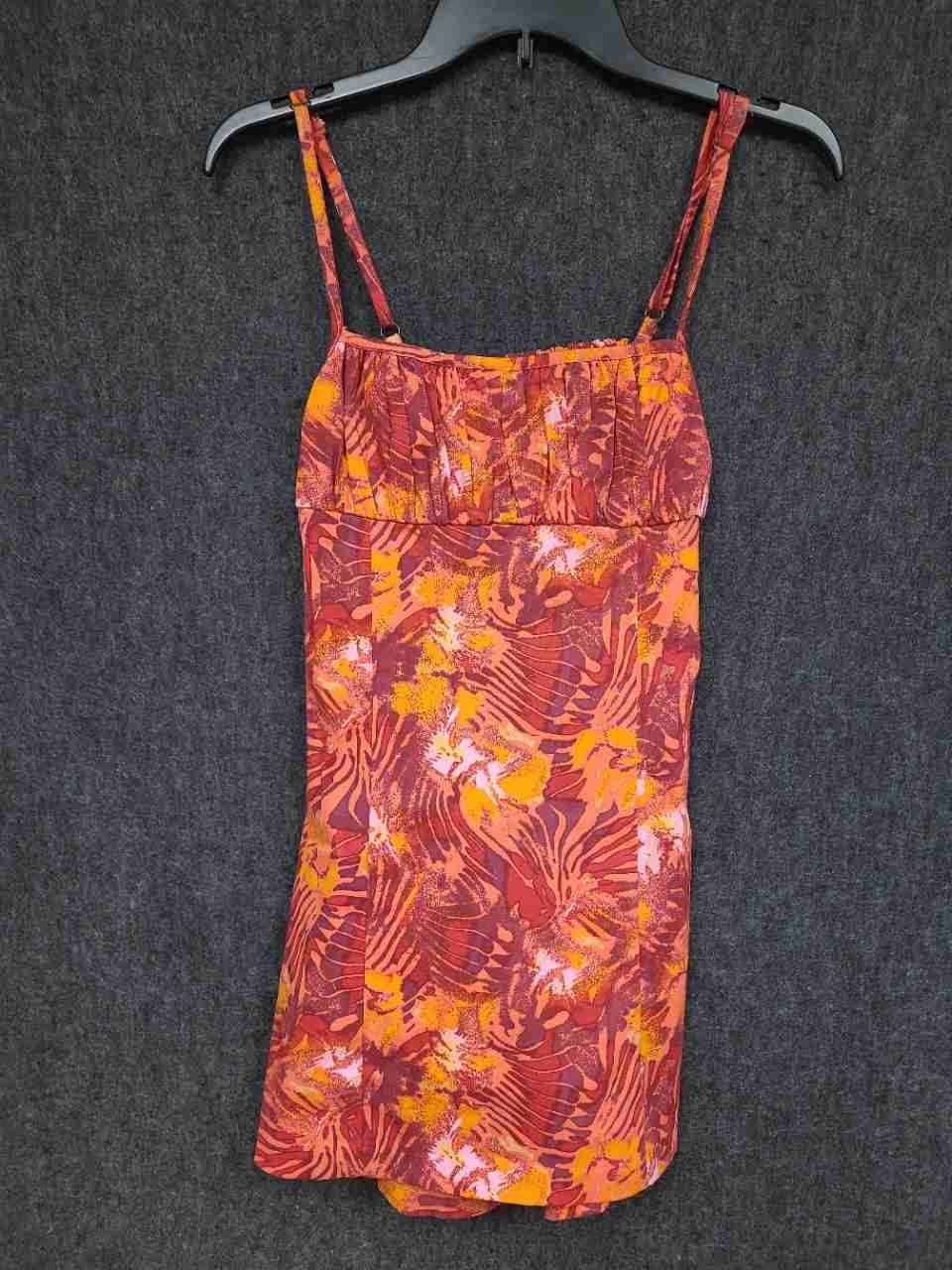 Women's Orange Tropical Print Mini Sun Dress Spaghetti Strap Cutout Back