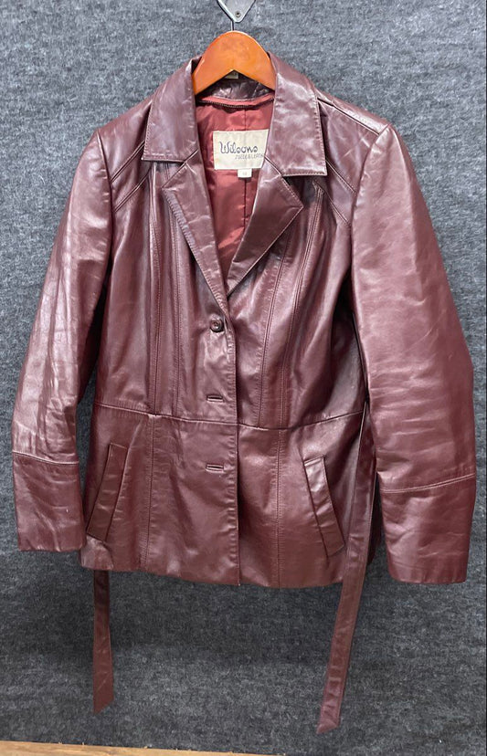 Vintage 80s Wilsons Women's Brown Leather Belted Blazer Jacket Sz 10