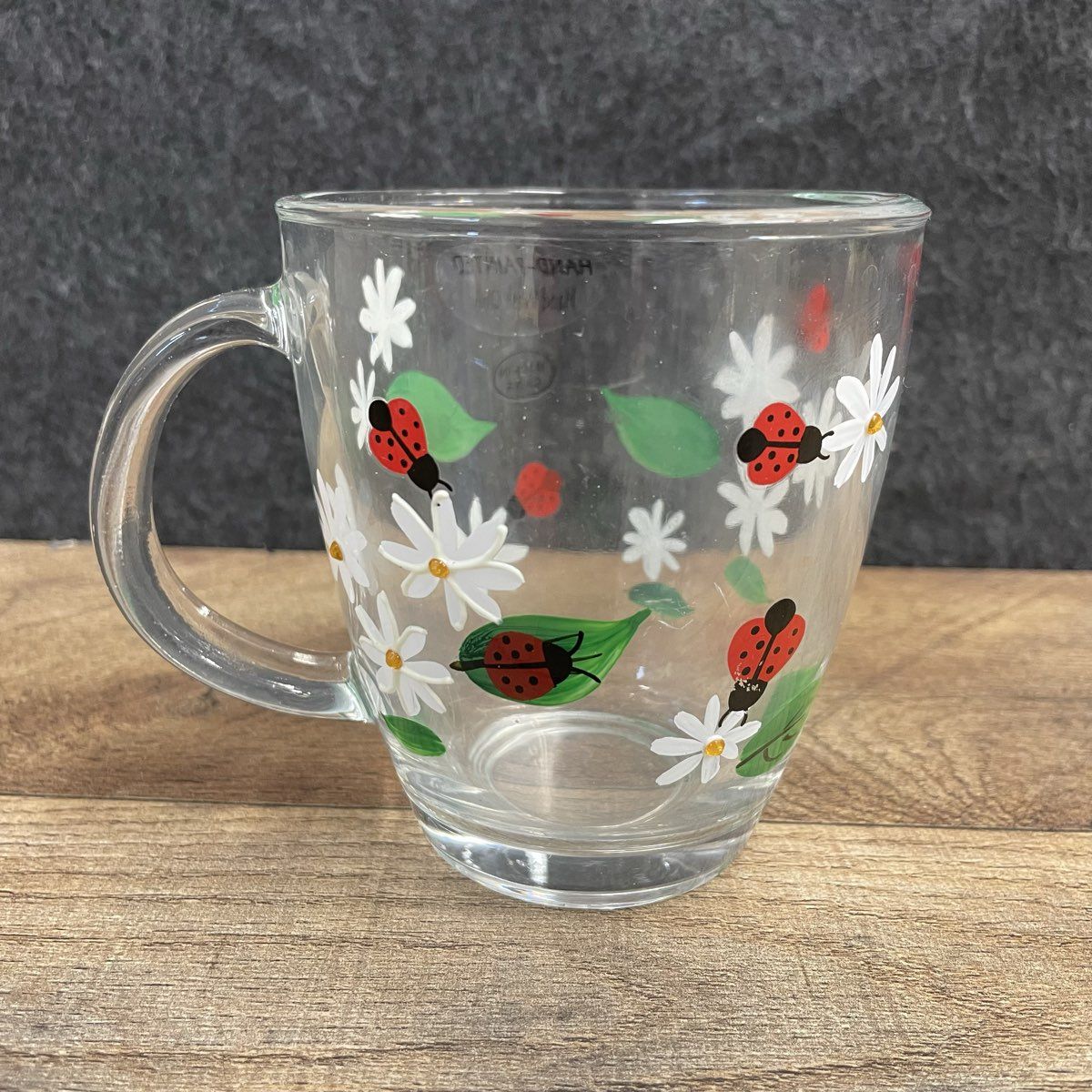 Set 3 Hand-painted Glass Mugs Daisy and Ladybug Design