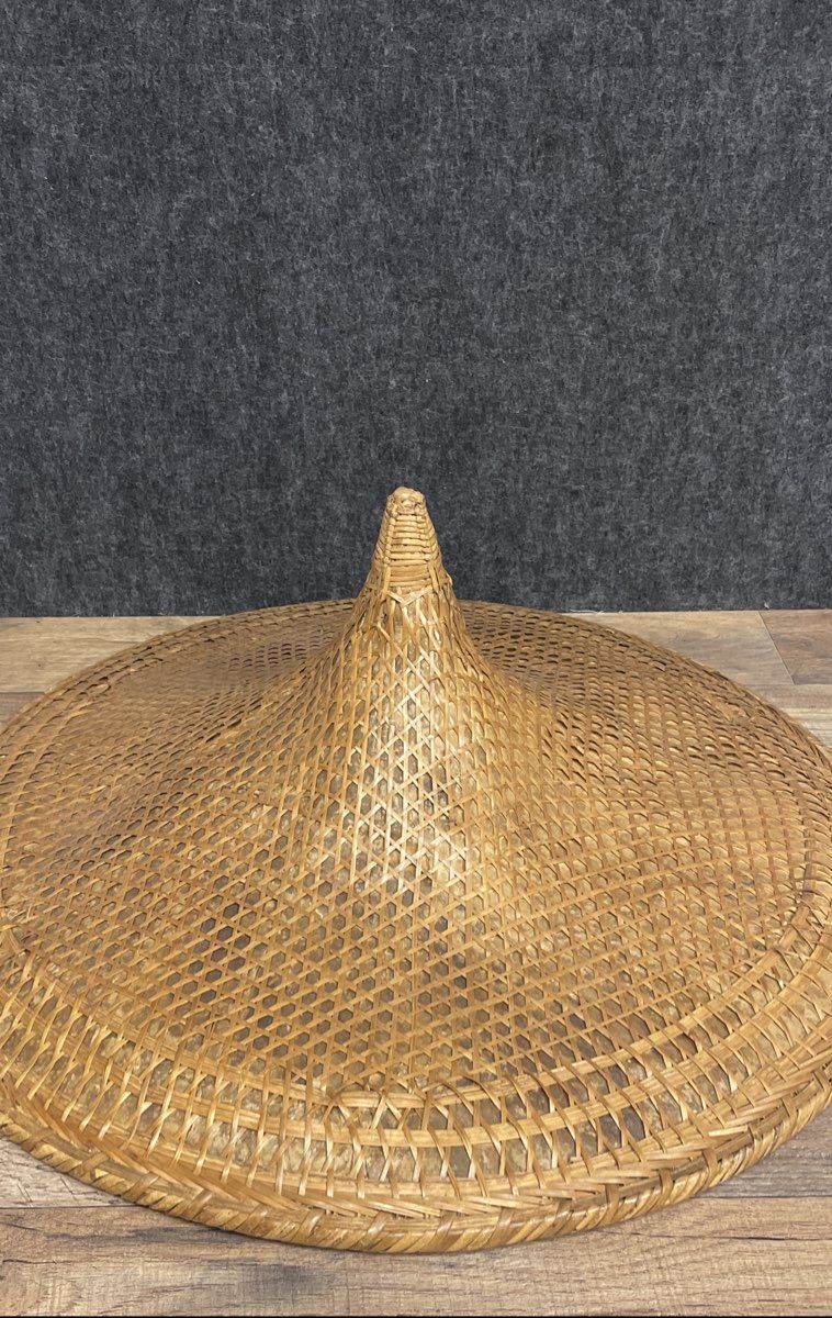Vintage Tan Woven Bamboo Asian Conical Rice Farmer Sun Hat Large