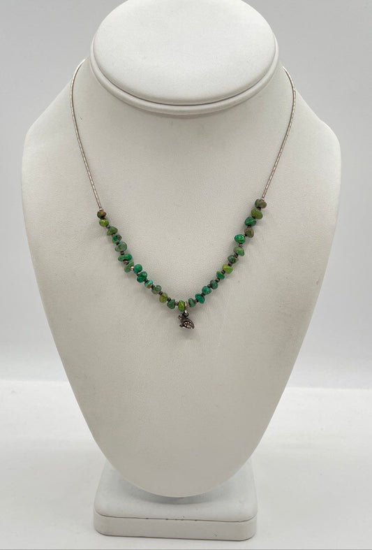 925 Sterling Silver Tube Bead Green Turquoise Nugget Frog Charm Necklace 5.7g