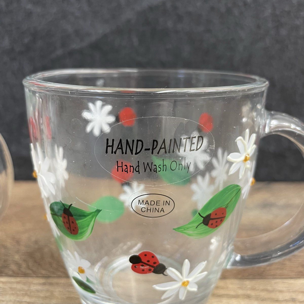 Set 3 Hand-painted Glass Mugs Daisy and Ladybug Design