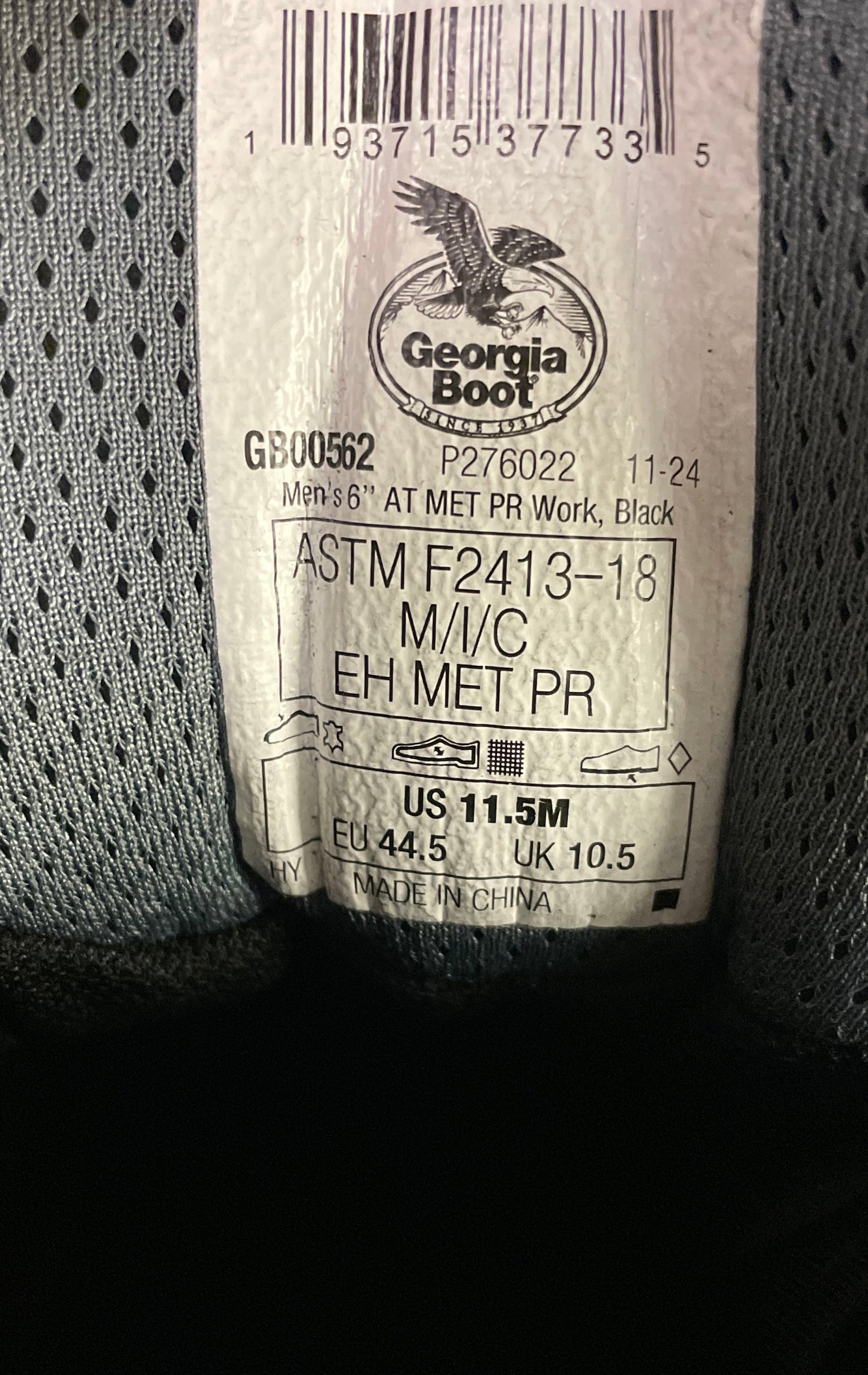 Georgia Boot Men's 6" Waterproof AT Met Guard PR Work Boots Black Size 11.5
