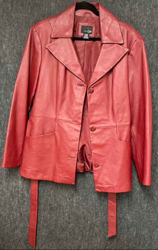 East 5th Women's Red Genuine Leather Button Front Belted Blazer Jacket XL