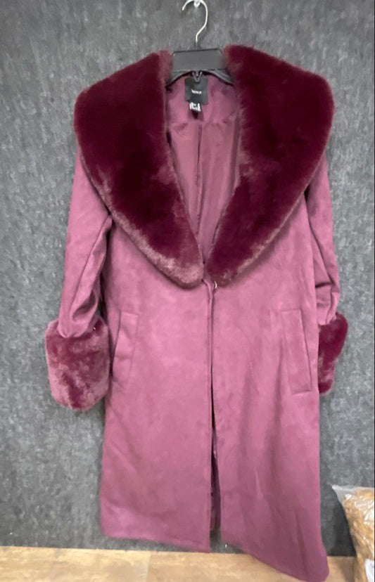 Forever 21 Women's Burgundy Faux Fur Trim Faux Suede Shawl Collar Coat Sz XS