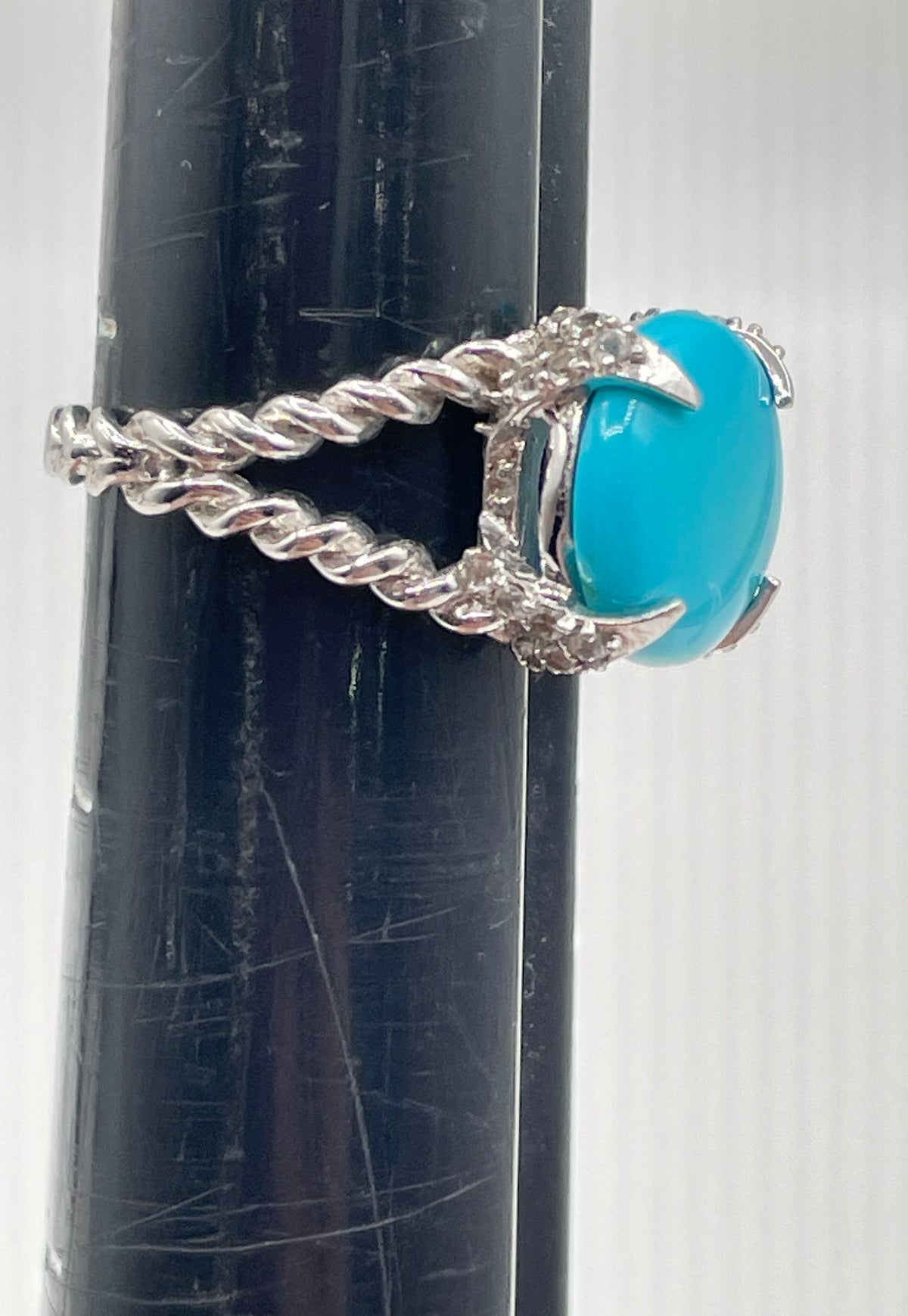 925 Sterling Silver Faux Turquoise Topaz Accents Twisted Rope Band Ring 3.5g