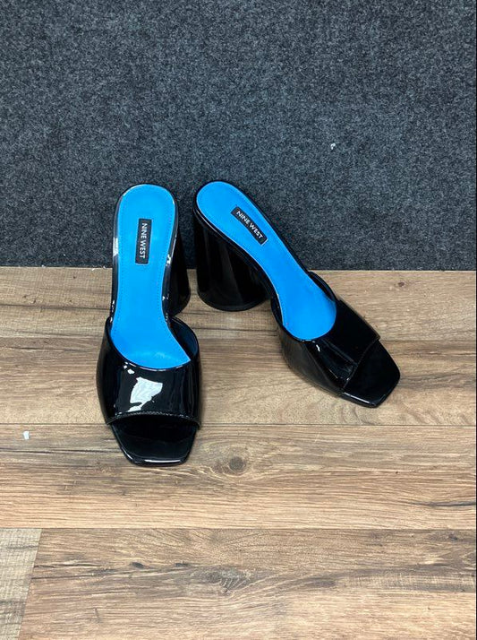 Nine West Excit Black Patent Square Toe Block Heel Slide Sandals Size 9.5 M