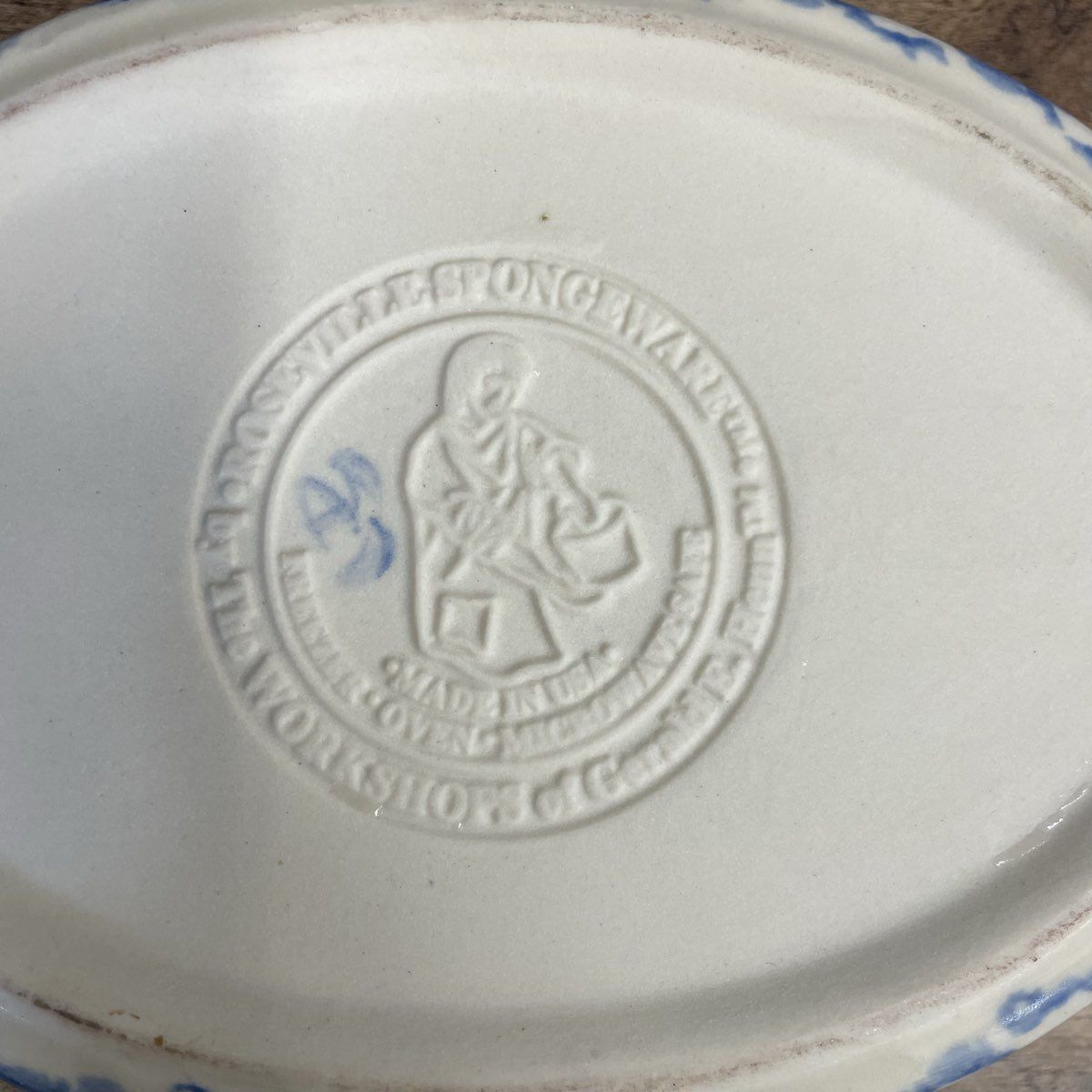Blue Spongeware Oval Baking Dish by Workshops of Gerald E. Henn Pottery