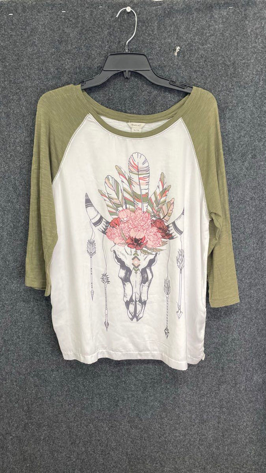 Ariat Women's Raglan Shirt 3/4 Sleeve White Green Bull Skull Floral Boho Sz XL