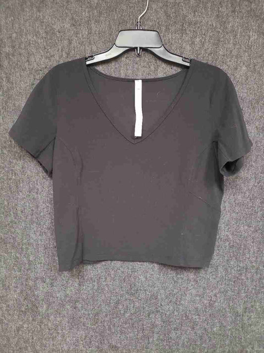 Lululemon Women's Black V-Neck Short Sleeve Cropped Training T-Shirt Sz 14