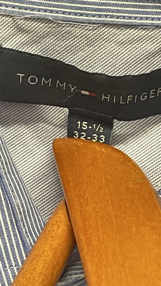 Tommy Hilfiger Men's Blue White Stripe Button Up Dress Shirt Sz 15.5 32-33