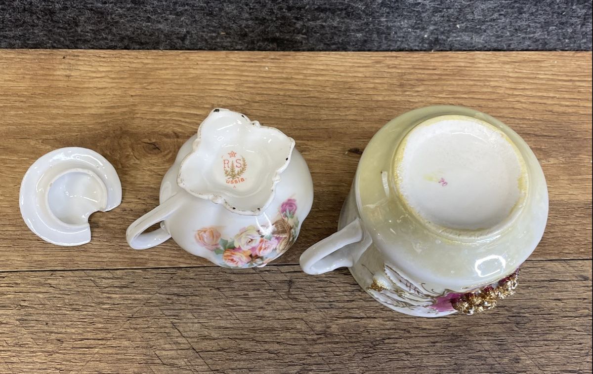 Antique Victorian Gilded Moustache Cup and Vintage Porcelain Russian Sugar Bowl