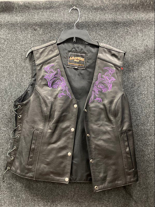 Leather Gear Women's Biker Vest Black Purple Embroidered Lace Up Sz XXL