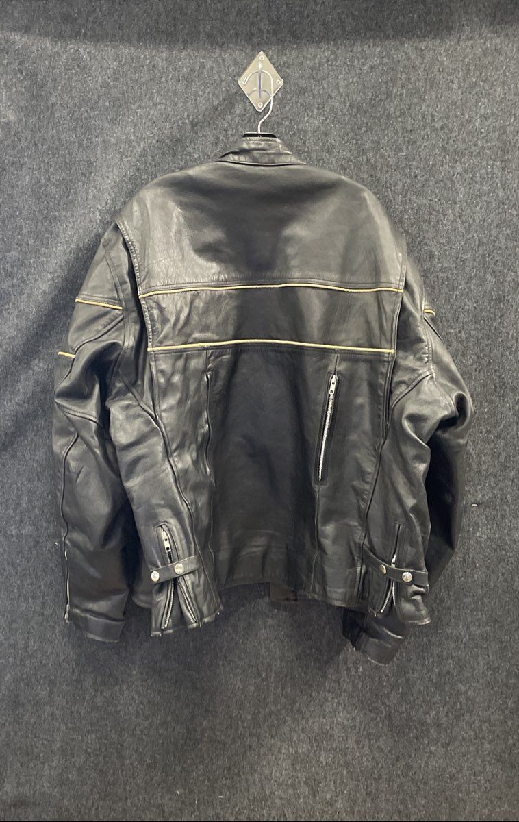 Men's Black Leather Motorcycle Jacket Tan Piping Biker Cruiser Size 52