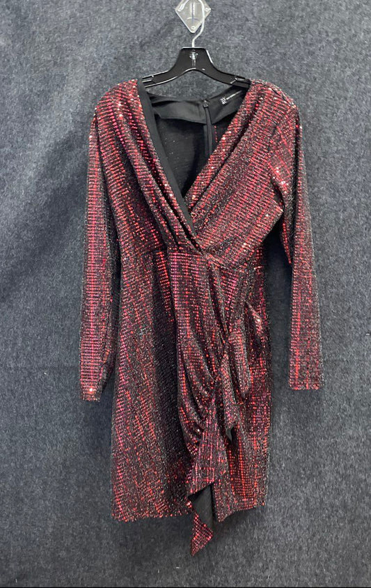 New York & Company Women's Red Black Sequin Ruched V-Neck Long Sleeve Dress Sz L