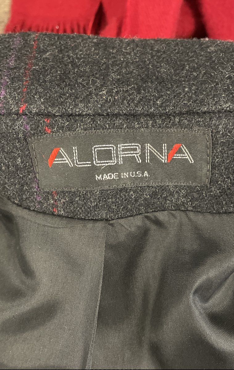 Vintage 90s Alorna Women's Dark Gray Wool Jacket Coat with Red Scarf Striped
