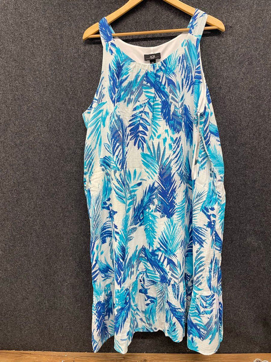 AGB Women's Blue White Tropical Palm Leaf Sleeveless Tiered Dress NWT Sz 1X