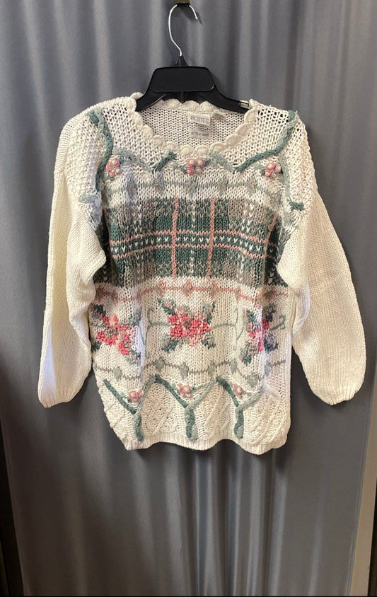 Just For Petites Women's White Floral Hand Knitted Sweater Vintage 90s Sz PM