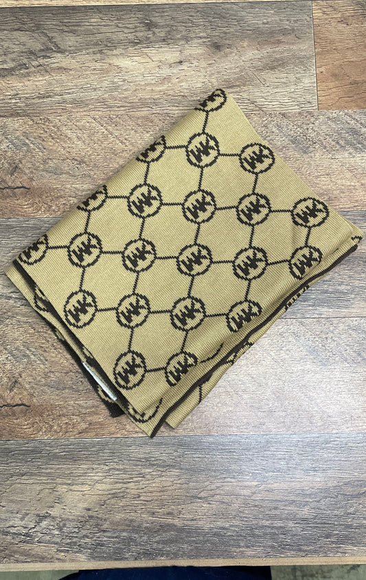Michael Kors Women's Scarf Brown Tan MK Logo Monogram Knit Reversible