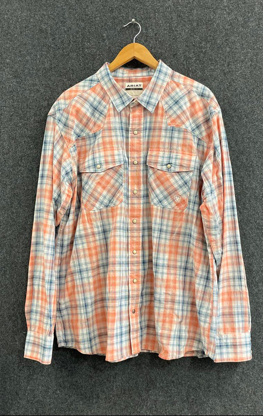 Ariat Men's Retro Fit Western Snap Front Plaid Long Sleeve Shirt Orange Sz XXL