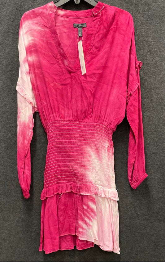 AQUA Women's Pink White Tie Dye Smocked Ruffled V-Neck Mini Dress XS NWT