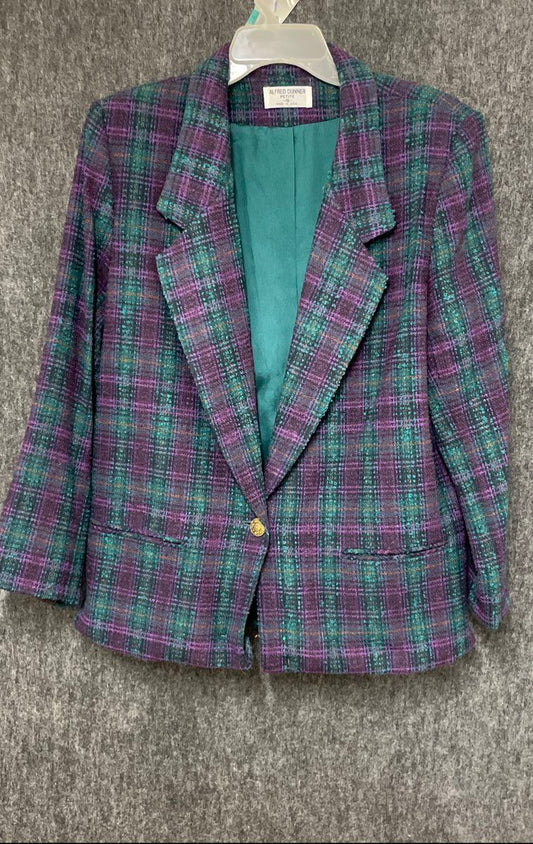 Vintage 90s Alfred Dunner Women's Purple Green Plaid Wool Blazer Sz 16 Petite