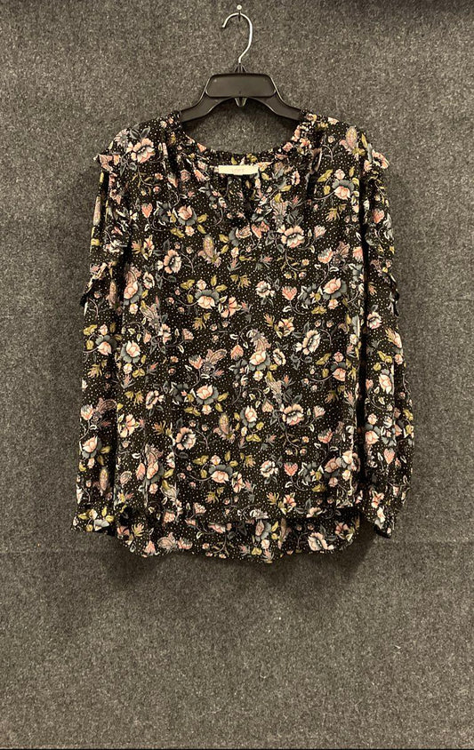 Loft Women's Black Floral Ruffle Shoulder Long Sleeve Blouse XL