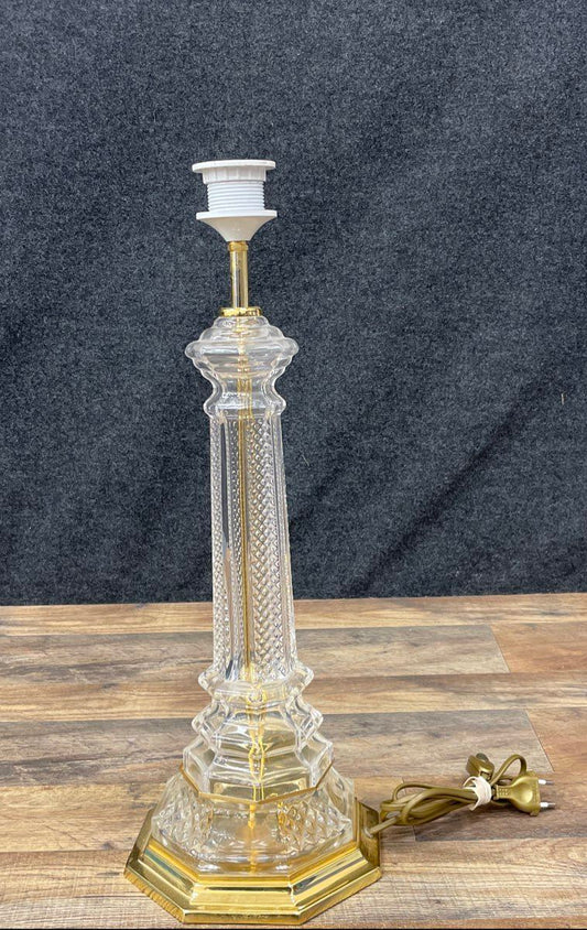 Vintage Glass Column Table Lamp Brass Base Hollywood Regency Style