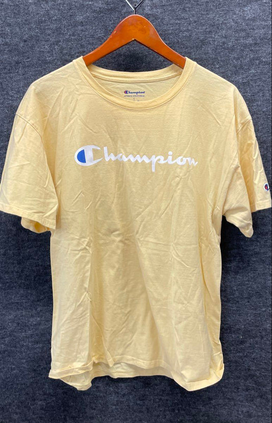 Champion Men's Yellow Script Logo Short Sleeve Crewneck T-shirt Size L