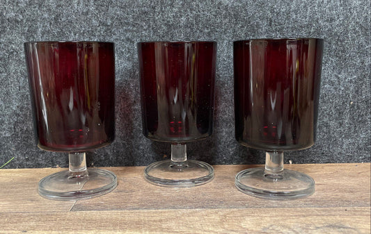 Luminarc Arcoroc Set of 3 Water Goblets Ruby Red Clear Stem France Vintage