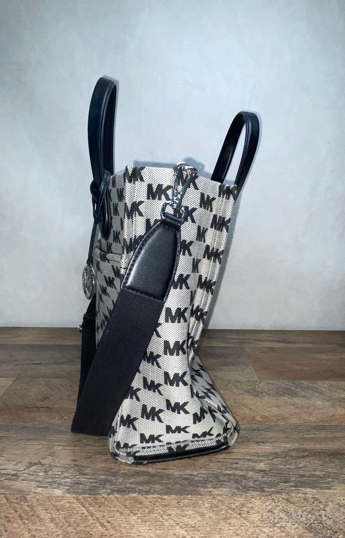Michael Kors Black Grey Signature Canvas Mirella Medium Tote Crossbody Bag