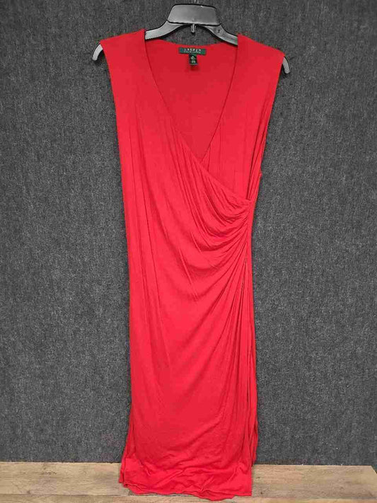 Lauren Ralph Lauren Women's Red Sleeveless Faux Wrap Ruched Viscose Dress Sz M