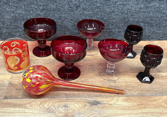 Vintage Ruby Red Glassware Lot of 8 MCM Barware Goblets Cocktail Glasses Globe