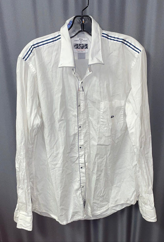 Dario Beltran Men's White Long Sleeve Button Up Shirt Navy Striped Shoulder Sz L