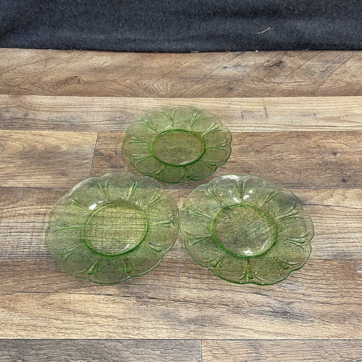 Set of 3 Green Depression Glass Plates