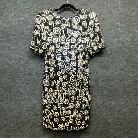 Vintage 80s Women's Black Silver Sequined Beaded Swirl Cocktail Sheath Dress