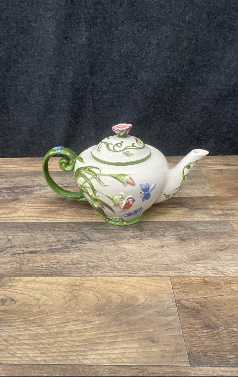 Temptations Stoneware Teapot W/ Butterflies Dragonflies Flowers Design