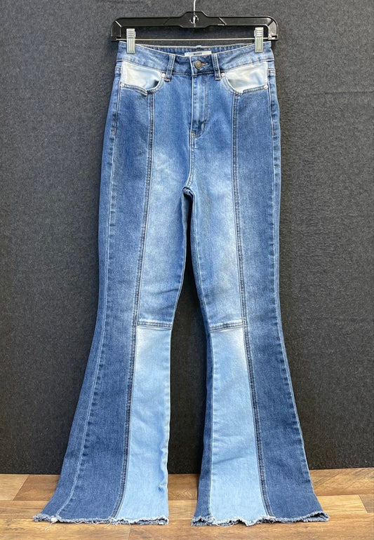 Madden NYC Women's Blue Patchwork Raw Edge Flared Jeans Sz 1