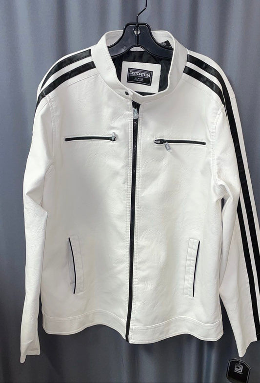 Distortion Men's NWT Faux Leather Moto Jacket White Black Stripe Full Zip Sz XL