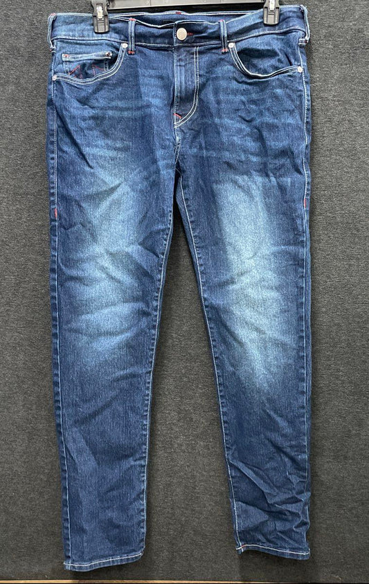 True Religion Men's Rocco Relaxed Skinny Blue Wash Red Horseshoe Stitch Jeans 34