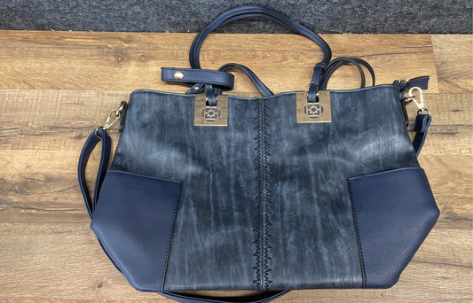 Blue Distressed Leather Large Tote Shoulder Bag Crossbody Gold Hardware