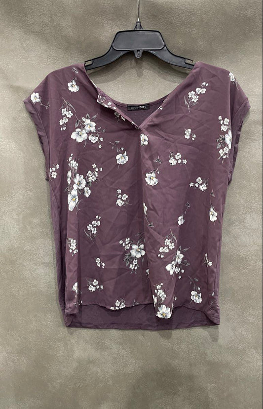 Papermoon Women's Purple Floral Split Neck Cap Sleeve Blouse Top Sz SP