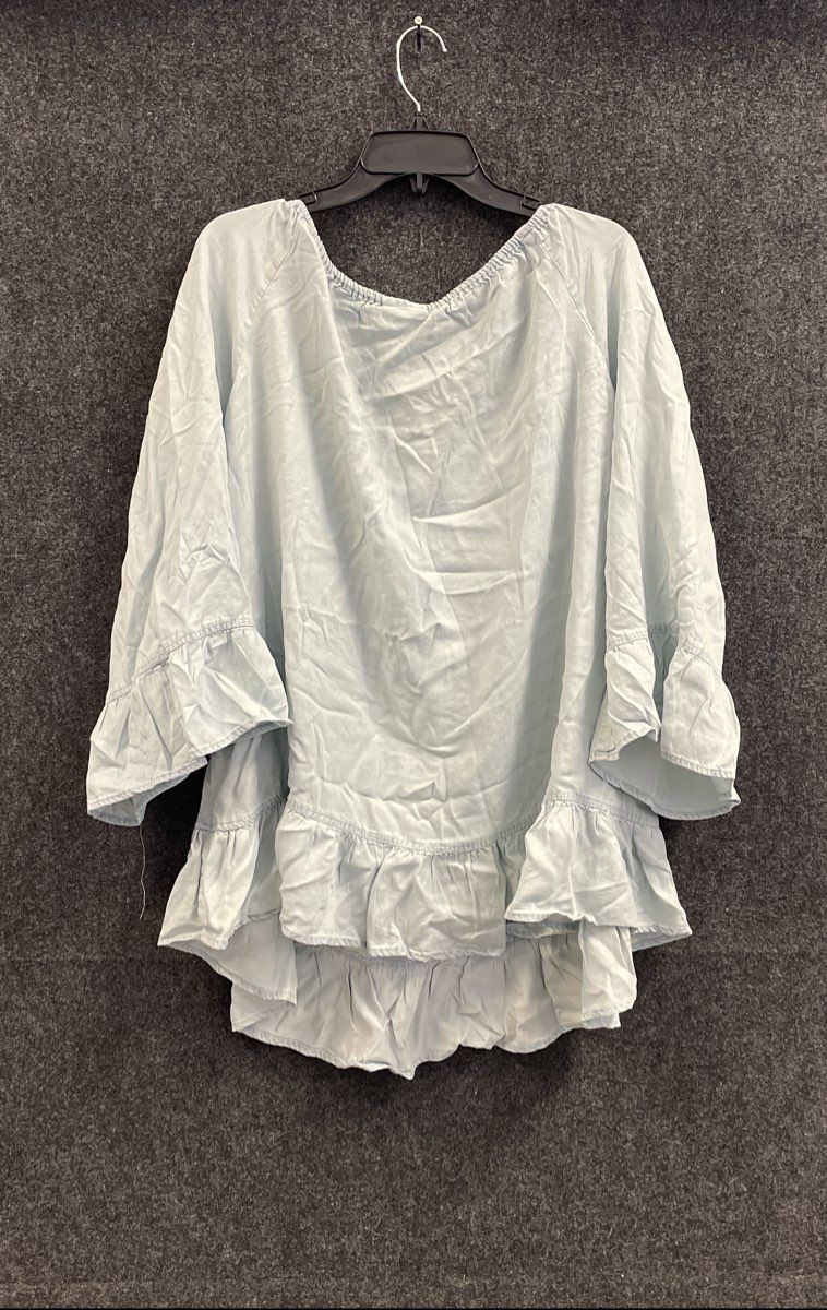 Avenue Women's Light Blue Lyocell Ruffle Hem Off Shoulder Blouse NWT Sz 26/28