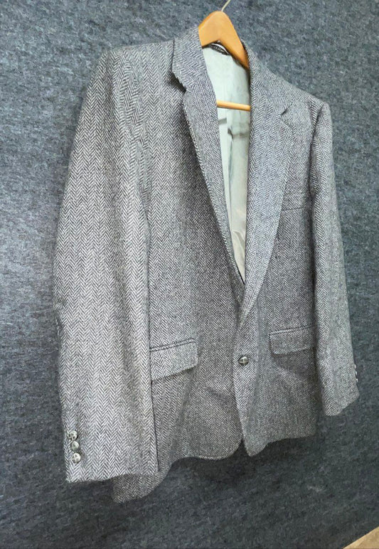 Vintage Haggar Herringbone Tweed Blazer Sport Coat Gray 2-Button Sz 44