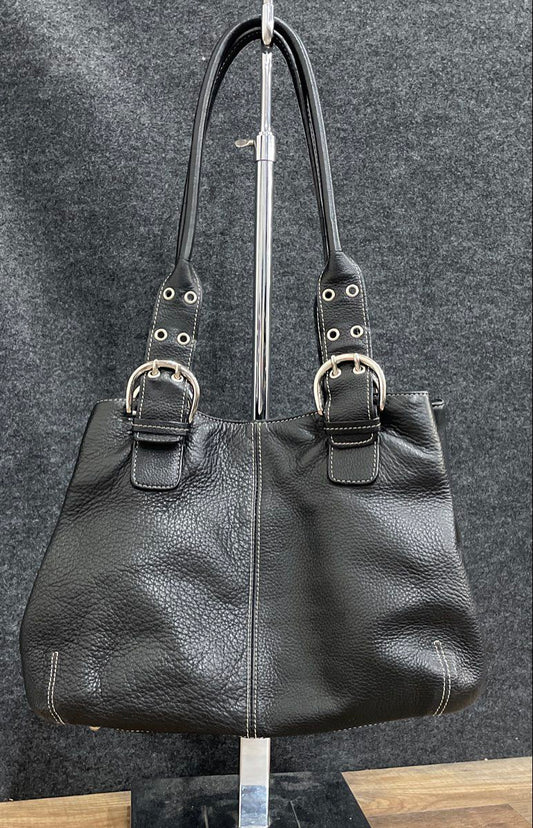 Tignanello Black Pebbled Leather Shoulder Bag Tote White Contrast Stitching
