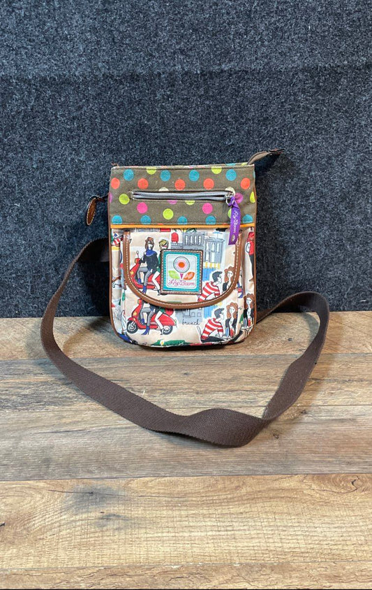 Lily Bloom Scooter City Print Crossbody Bag Multicolor Canvas Polka Dot Trim