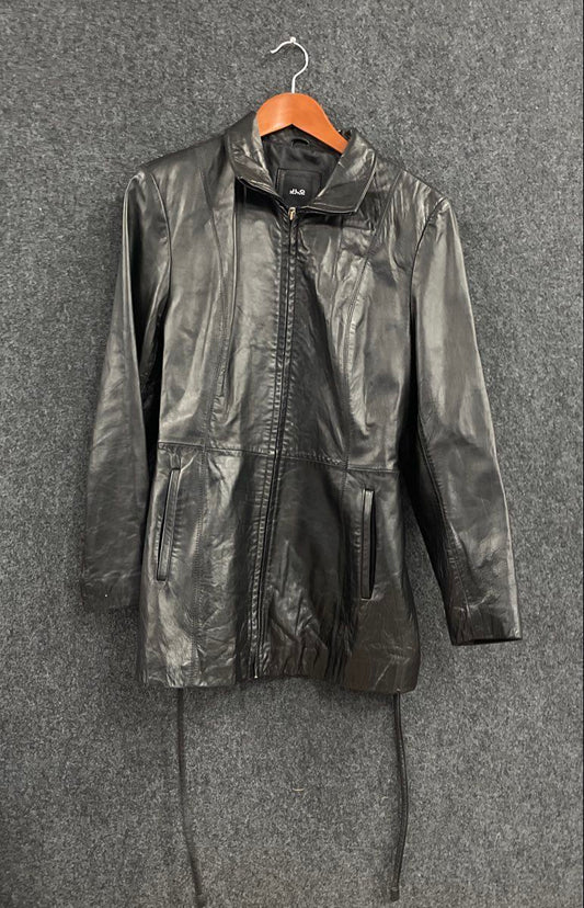 JLC New York Women's Black Leather Jacket Full Zip Drawstring Waist Sz L