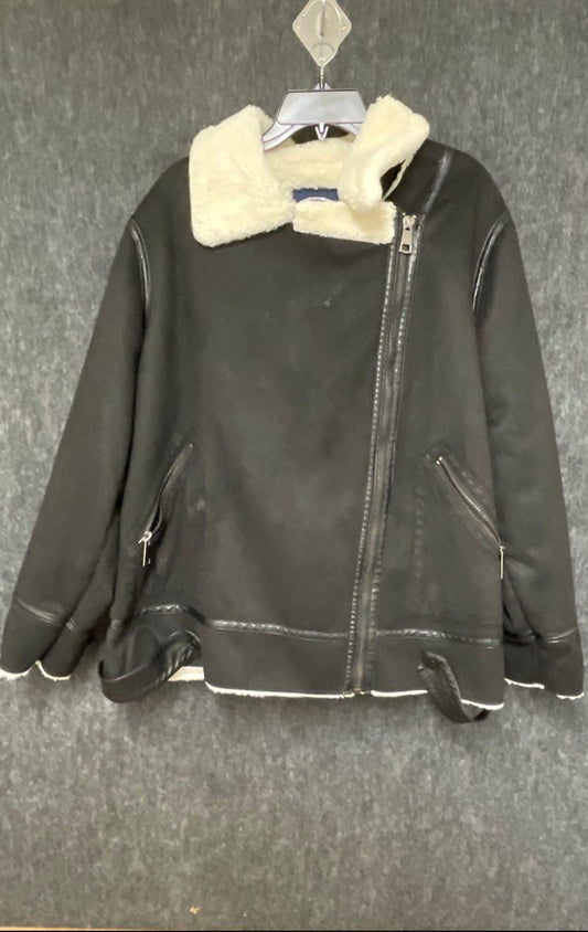 Scoop Women's Black Faux-Leather Aviator Jacket Sherpa Collar Lining XL