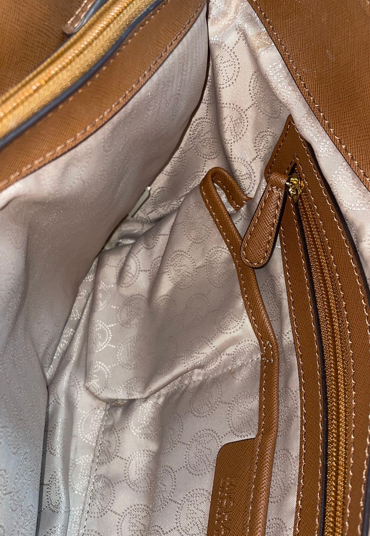 Michael Kors Beige Nylon Brown Leather Trim Tote Bag Gold Hardware MK Charm